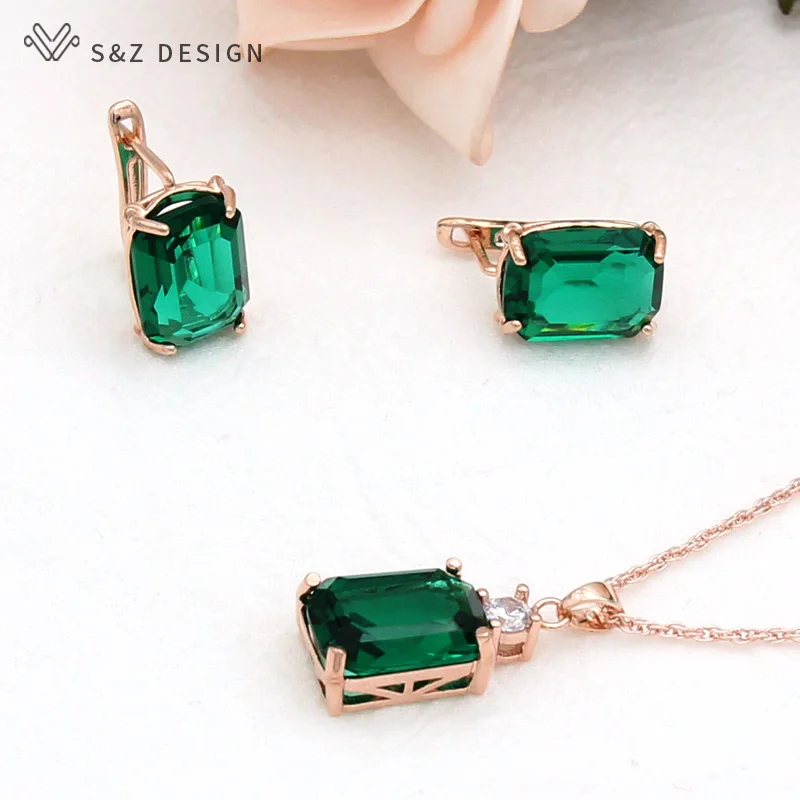 S&Z DESIGN Fashion Elegant Classic Square Cubic Zirconia Dangle Earrings Pendant Necklace Jewelry Sets For Women Wedding