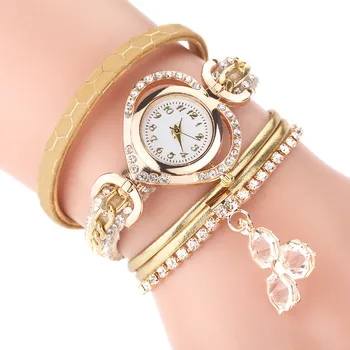 

New CCQ Top Brand Women Bracelet Watches Ladies Clover Leather Strap Rhinestone Quartz Wrist Watch Luxury Fashion Quartz Watch