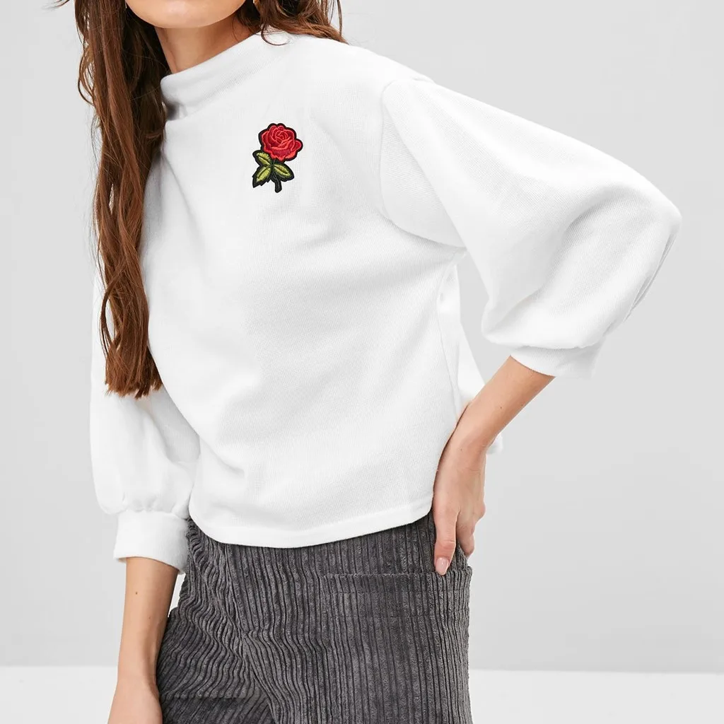 JAYCOSIN Fashion Women Casual Simple Solid Color Flower Embroidery Strappy Loose Hoodie Sweatshirt Comfortable Soft Blouse 