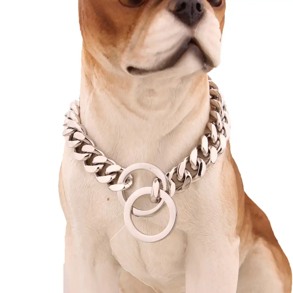 

Stainless Steel Cool Pure Silver 12/15 mm Cuban Dog Chain Double Buckle Pit Bull Dog Pet Daily Training Collars 12-34''