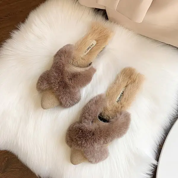 Shoes Woman Slippers Fur Rivet Cover Toe Flock Luxury Slides Low Plush New Flat Pointed Designer Fashion Rubber Basic - Цвет: 2