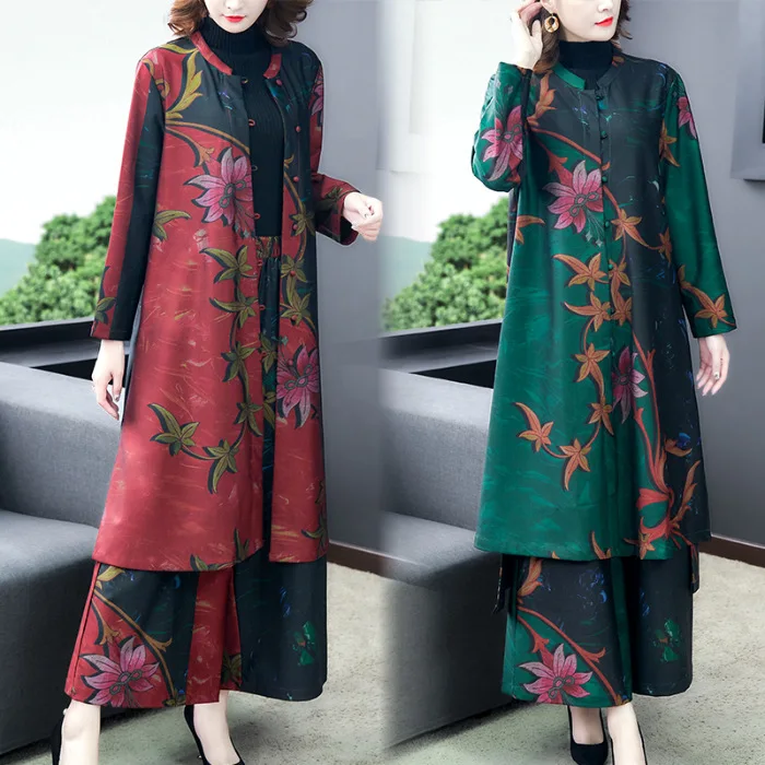 

Ethnic-Style Middle-aged Mom Fashion Set 2019 Autumn Clothing New Style Trench Coat Tops Loose-Fit Loose Pants Two-Piece Set