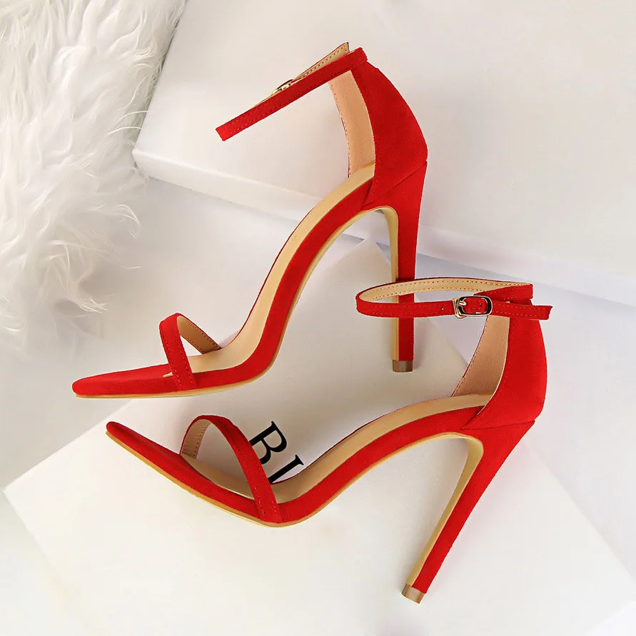 

2018 Women Size 40 Flock Extreme 11cm High Heels Fetish Sandals Female Strap Shoes Lady Nude Valentine Red Classic Brown Pumps