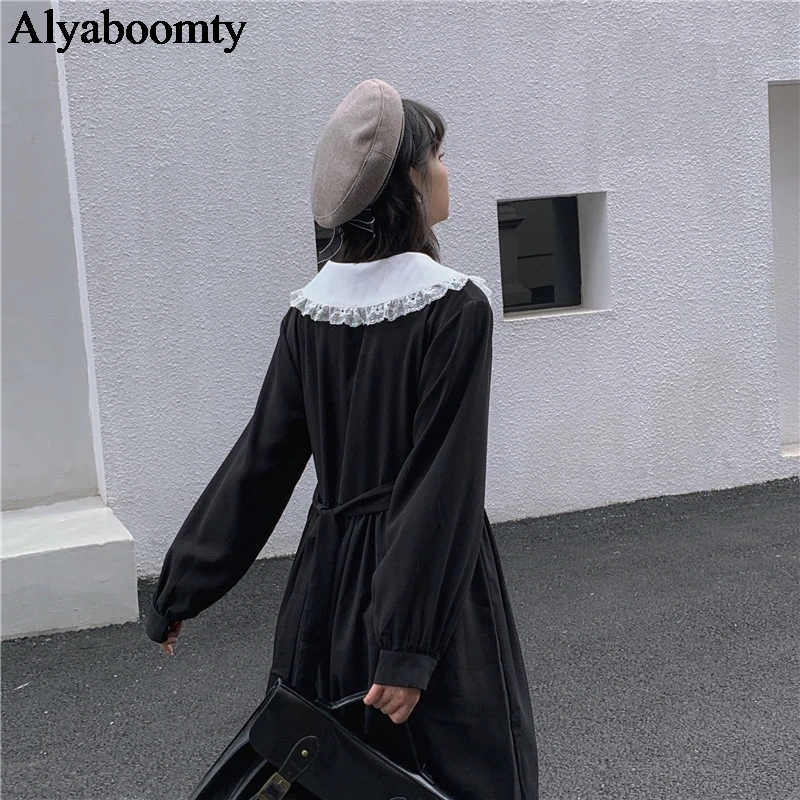 Японский Harajuku Осень женское длинное черное платье Питер Пэн воротник готический