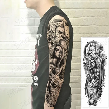 

Black Temporary tattoo sticker king Female warrior Wolf flower Full arm Flash Tattoos Sleeve fake tattoo for Men and Women