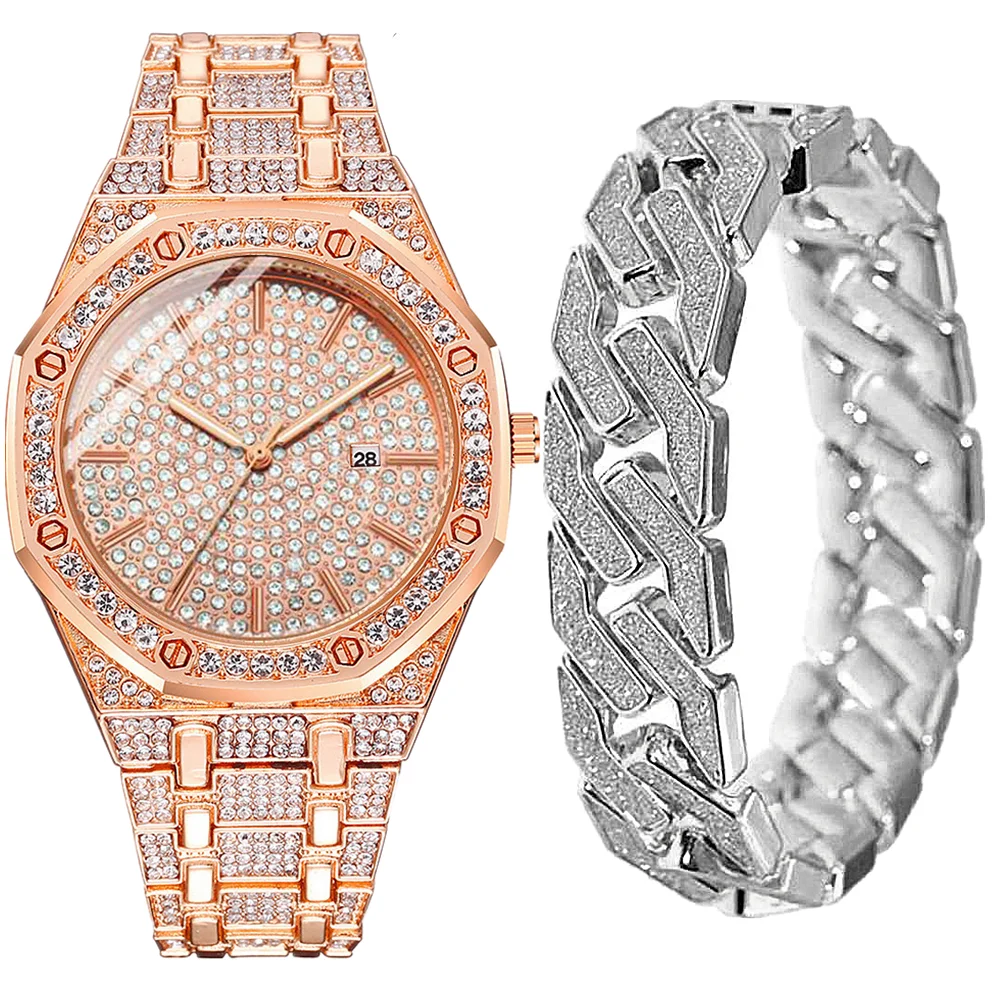 2pcs/set Watch Bracelet for Men Cuban Chain Charm Bracelet Iced Out Watch for Men Simple Diamond Gold Watch Set Hip Hop Jewelry
