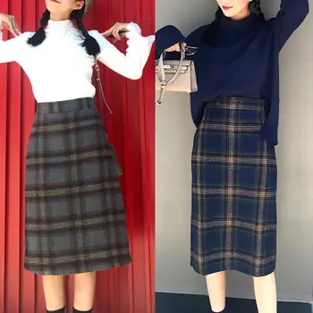 

Plus Size Women Autumn Winter Vintage Plaid High Waist Warm Woolen A-line Skirt