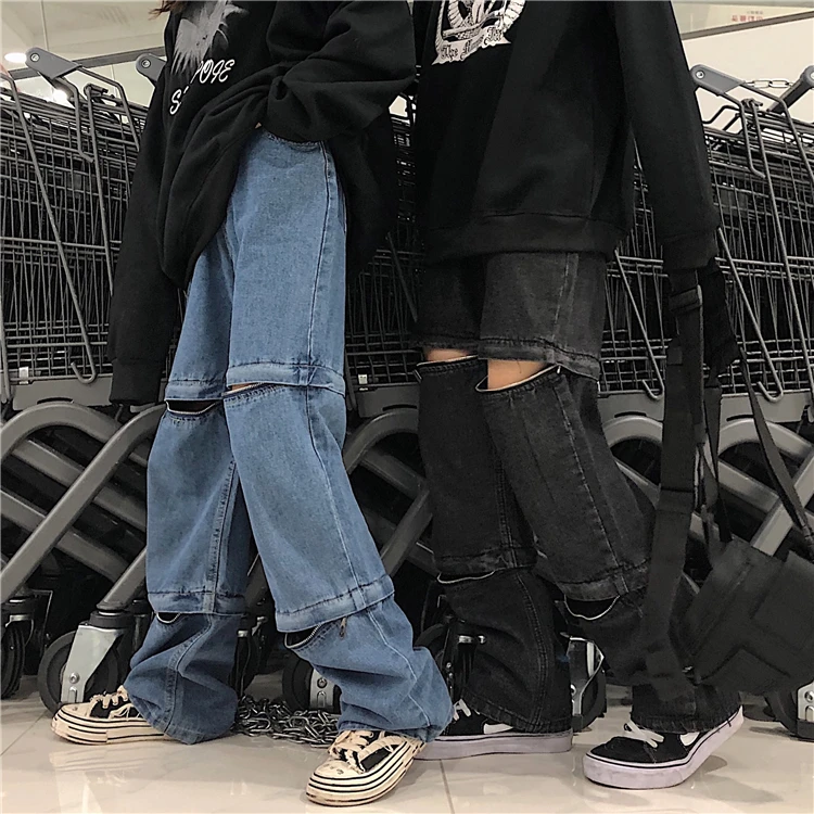 Уличная одежда в стиле панк, хип-хоп, Harajuku, джинсовые штаны со съемными дырками, на молнии, Модные свободные штаны, спортивный костюм в Корейском стиле, высокие джинсы для женщин и мужчин, широкие