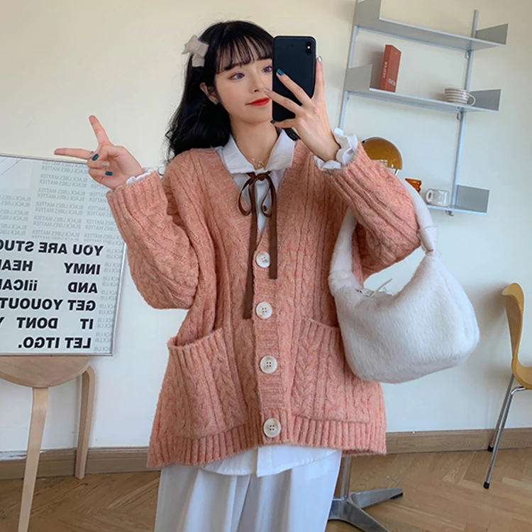 

Cute Twist Sweater Women Cardigan Jacket Trumpet Long Sleeve Design Sense College Style White Shirt Two-Piece