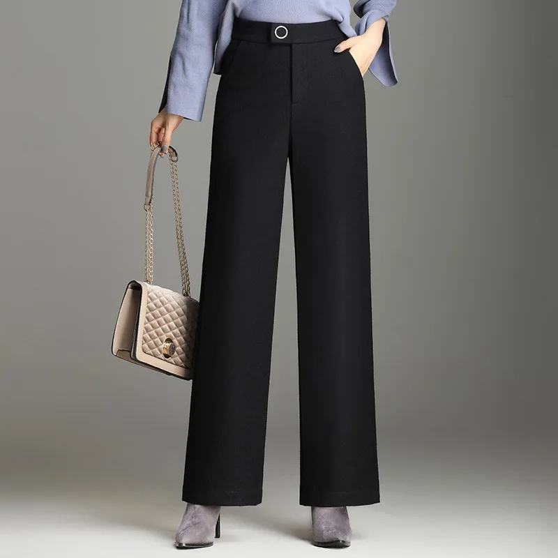 Зимние женские шерстяные брюки с высокой талией Свободные повседневные длинные брюки женские Слаксы удобные женские брюки больших размеров KQL87825