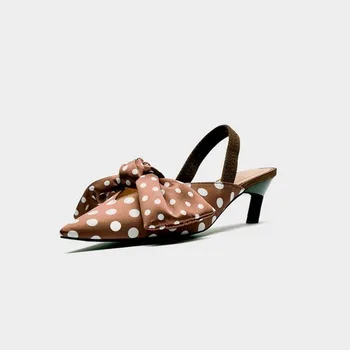 

Kitten Heels New European and American Banquet Summer Tip Semi-High Heeled Dotted Print Thin Heeled Bow Sandals Female mujer