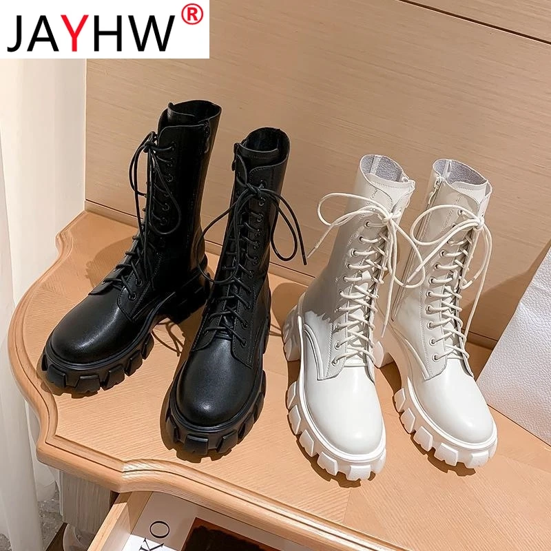 JAYHW Martin Boots Women Shoes Autumn Artificial Leather Round Toe Cross Lace-up Mid-calf Goth Boots Platform Botas Woman Mujer