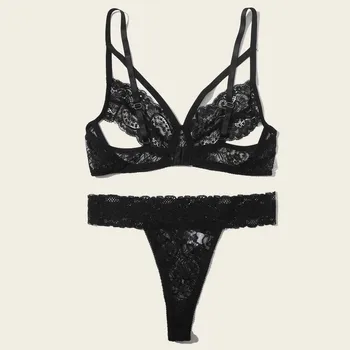 

Sexy Lingerie bra Set Women Bra Brief Sets Plus Size Lace Lingerie Bra+Thong Underwear Set Bustier Black Sleepwear #3