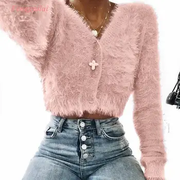 

Elegant Ladies solid color sweaters Women Fashion V-neck Long Sleeve Furry Casual Sweater Crop Popular Women Top ropa mujer