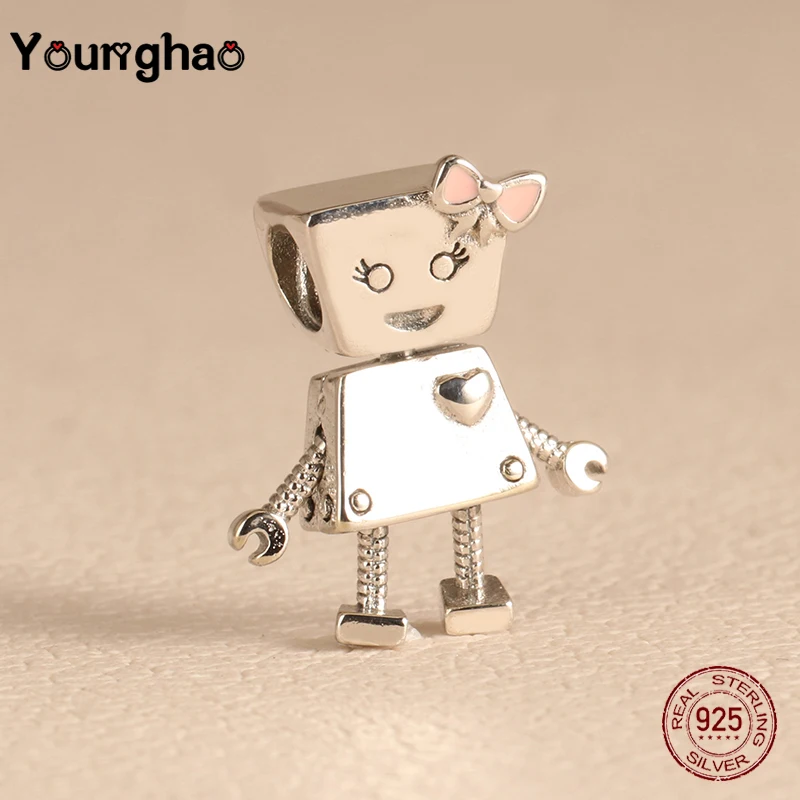 

Younghao Jewelry Plata de ley 925 Rotatable Pink Bow Robot Pulsera Fit Original Pandora Charm Bracelets Cute Little Girl Beads