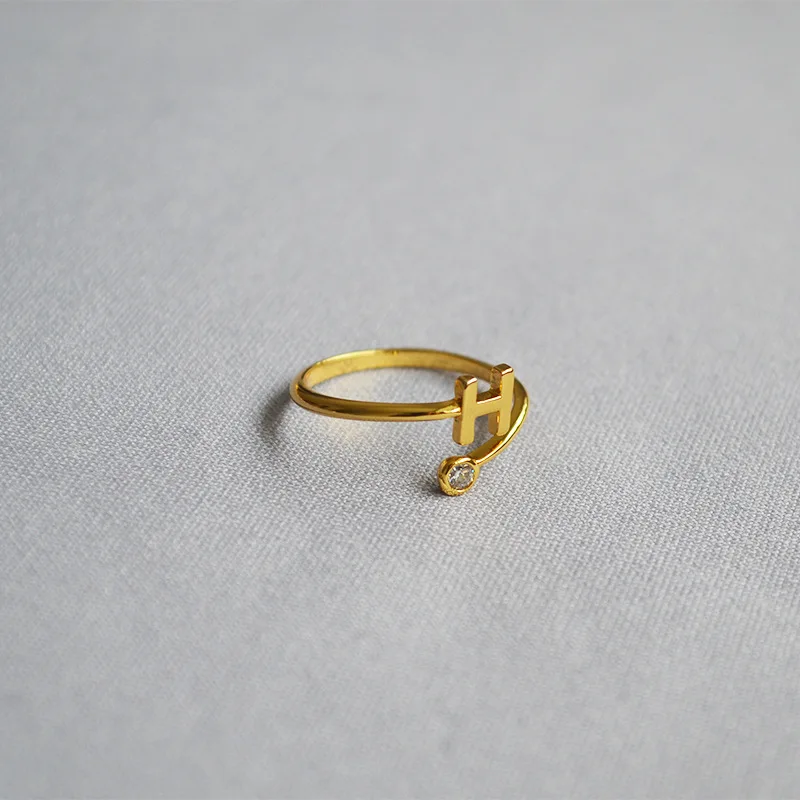 H New Design Letter Ring Alphabet Name Initial rings for women, Adjustable Opening,Round clear Zircon,Party engagement jewelry - Main Stone Color: H