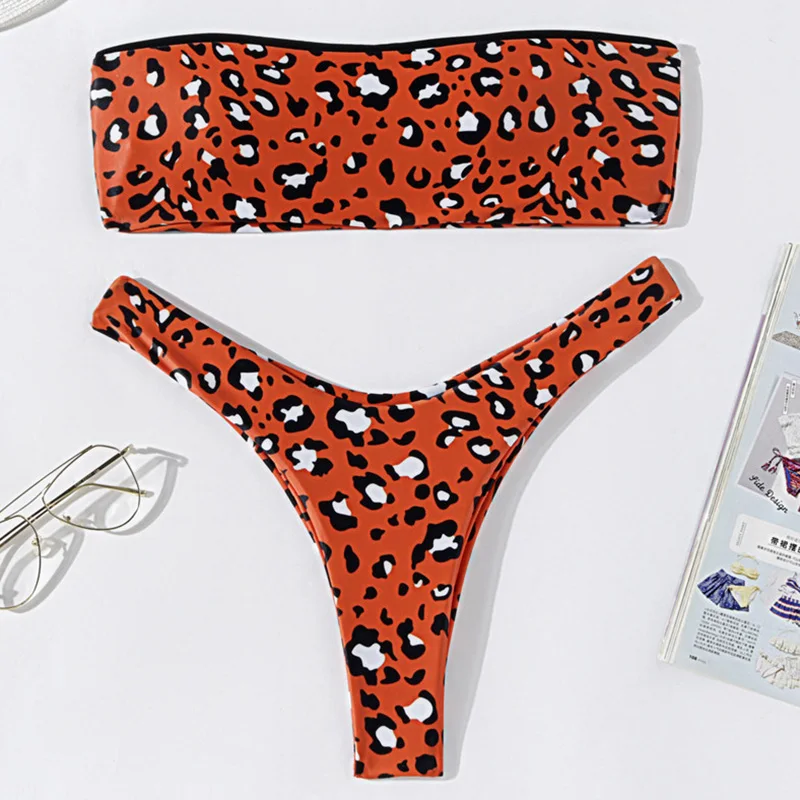 Сексуальное бикини с высоким вырезом и леопардовым принтом 2020 купальник-бандо