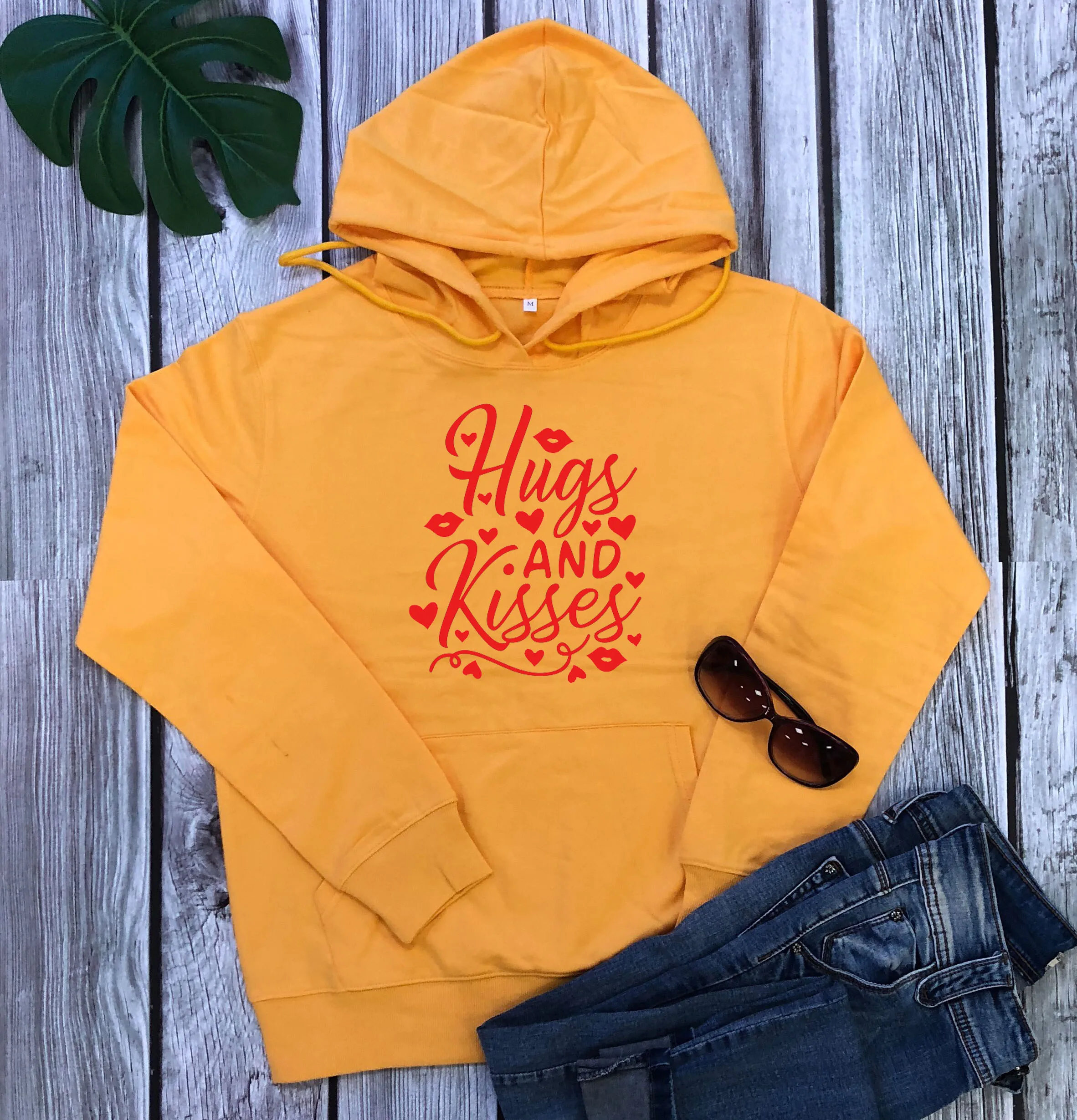 Yellow-red txt Худи для объятий и поцелуев, женская мода, хлопок, Повседневный, забавный рисунок в виде сердца, tumblr, винтажная цитата, День Святого Валентина, хипстер, топы унисекс - Цвет: Yellow-red txt