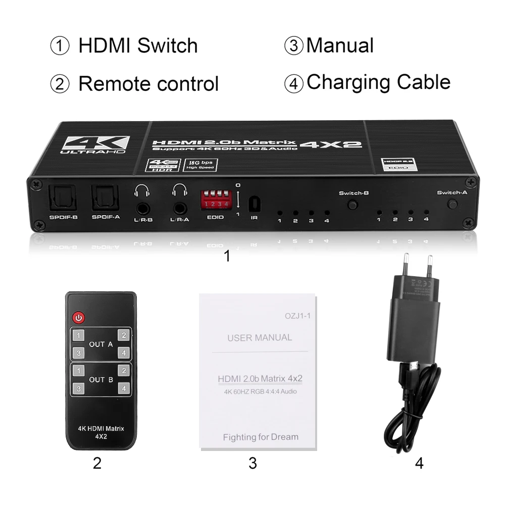 KEBIDU Ʈ ġ ø, SPDIF  L/R 3.5mm HDR ġ, 4x2 HDMI ȣȯ, HDCP 2.2 3D , 4K @ 60Hz