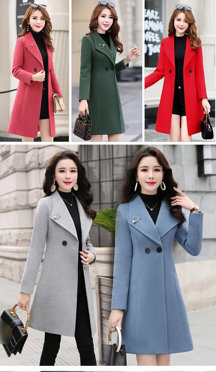 New Winter Slim Plus Size Women Woolen Coat Casual Medium Long Solid Color Long Sleeve Winter Wool Coat Women Coats