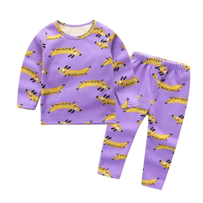 

Comfotable Autumn Winter Casual Children Printing Long Sleeve Plus Velvet Pajamas Kids Two-piece Outfit Set