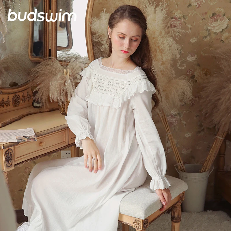 

Women Sleepwear Lace Long Sleeves Vintage Princess Sleep Lounge white Dress Elegant Summer 100%Cotton Nightgowns Plus Size