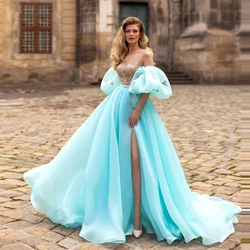 Blue Tulle Luxury Prom Gown Illusion Gold Lace Cap Sleeves Formal Party Dress High Slit Long Vestido De Noche 2022 New