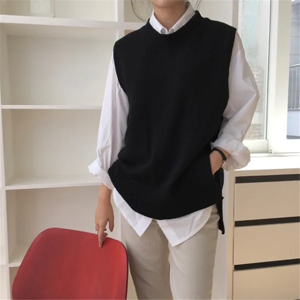 RUGOD New Women Solid Plain Sweater Vest O-neck Sleeveless Pullover Knitted Vest Office Lady Temperament Casual Chic Vest Coat - Цвет: Черный