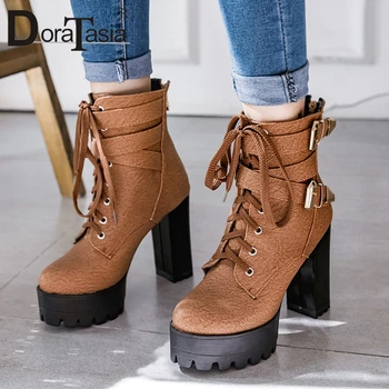 

DORATASIA Female Solid Round Toe Platform Boots 2020 Fashion Brand Boots Women Lace Up High Heels Buckle Shoes Woman