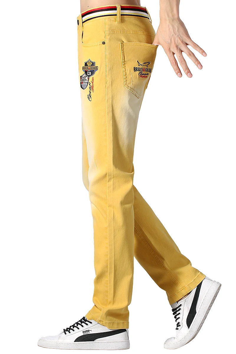 

2020 Summer Thin Stretch Loose Men Jeans Embroidery Design Straight Casual Fashion Denim Yellow Jeans Soften Cotton size 28-42