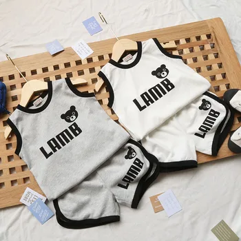 

3-7 years old children's clothing summer new children's boy baby suit cartoon bear printing children vest shorts two-piece suit