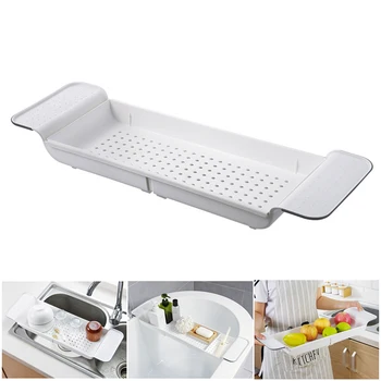 

Expandable Bathtub Rack Bathtub Tray Toys Organizer for Book Wine Phone Washing Colander for Vegetable and Fruit Bathroom Tray
