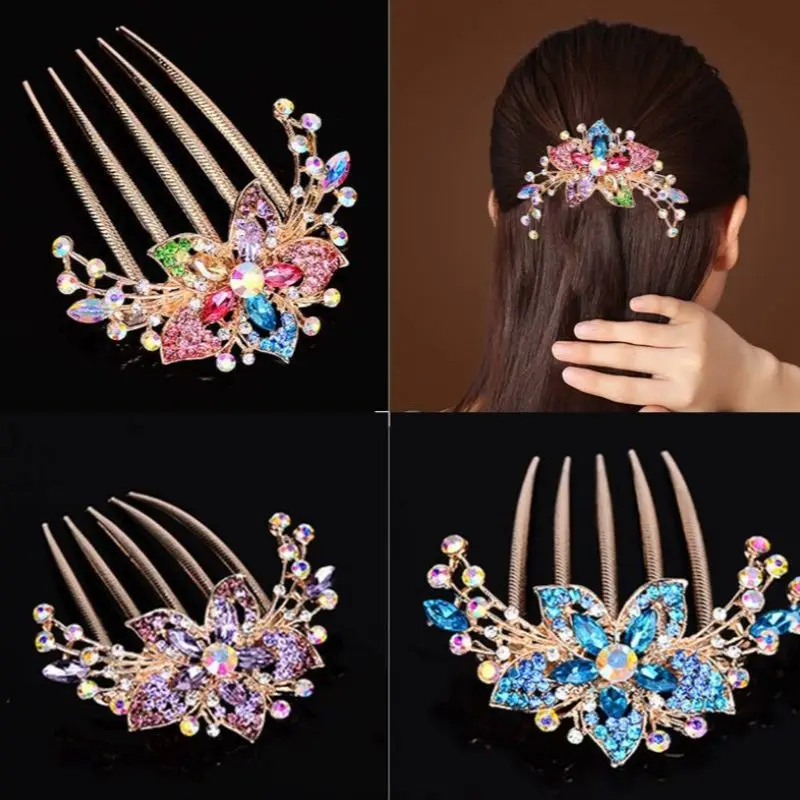

Luxurious Shine Colorful Rhinestone Flower Hair Combs Headwear Stainless Steel Hairpins Hair Accessories Wedding Bride Gifts