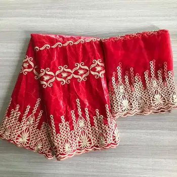 

RED 2020 New arrival Beaded african Bazin riche fabric with embroidery lace / bazin riche dress material Nigerian wedding dress