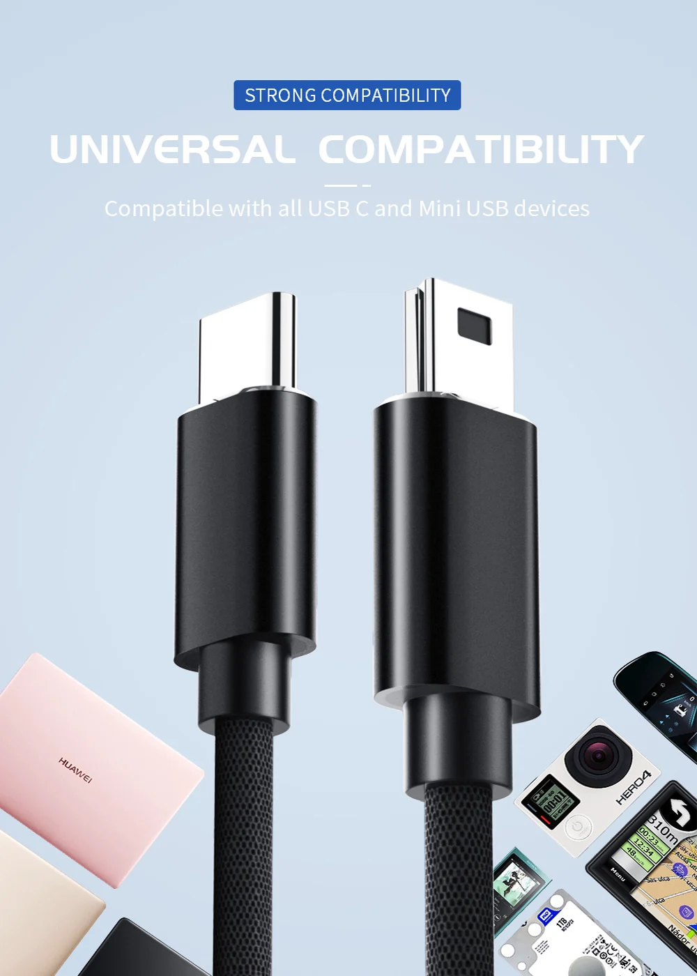 USB Type C To Mini USB Quick Charging Cable USB2.0 Charger Data Transfer Cable For Computer Synchronization Data Transmission