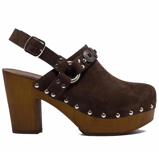 REPLAY SANDALIAS ZUECOS DE PIEL DE GAMUZA DE TACÓN ALTO REDHILL PARA MUJER GWW09 .000.C0002L DARK BROWN REP017