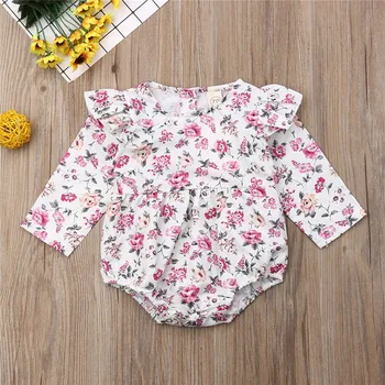 

0-18months Newborn Clothes 2020 Cute Baby Girls Bodysuits Long Sleeve O-Neck Baby Girls Clothes Pink Flower Print Baby Bodysuits