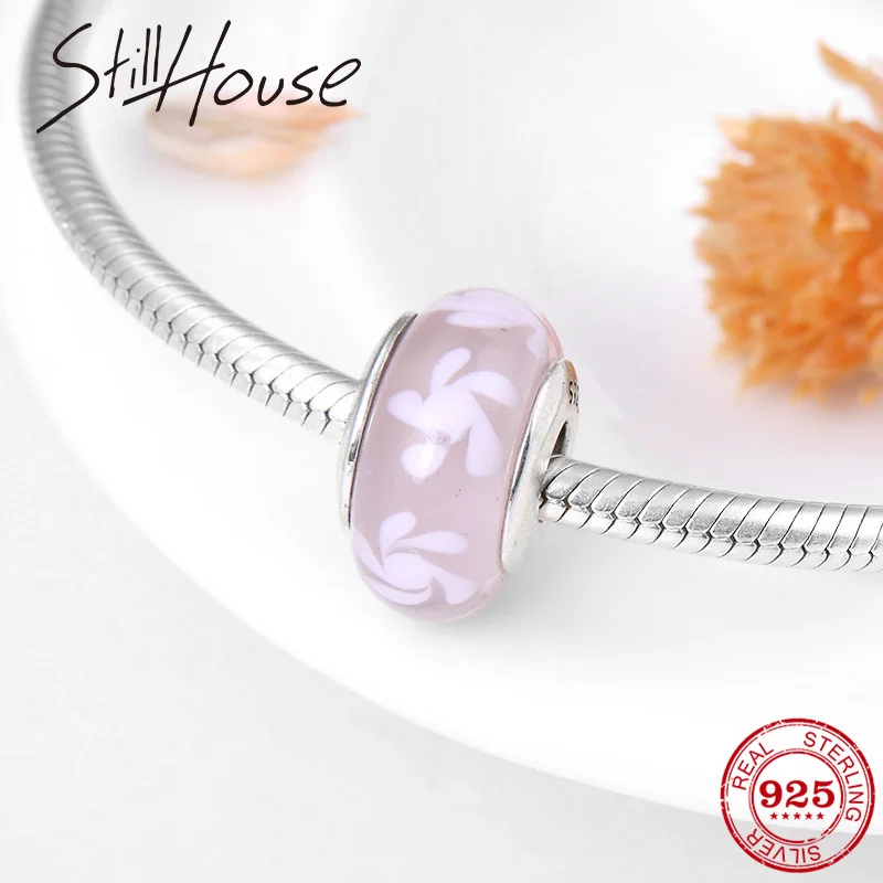 Hot 925 Sterling Silver Color pink white Flower European Glass Beads Fit Original fine Charm Women DIY Bracelets Jewelry 2018 | Украшения и