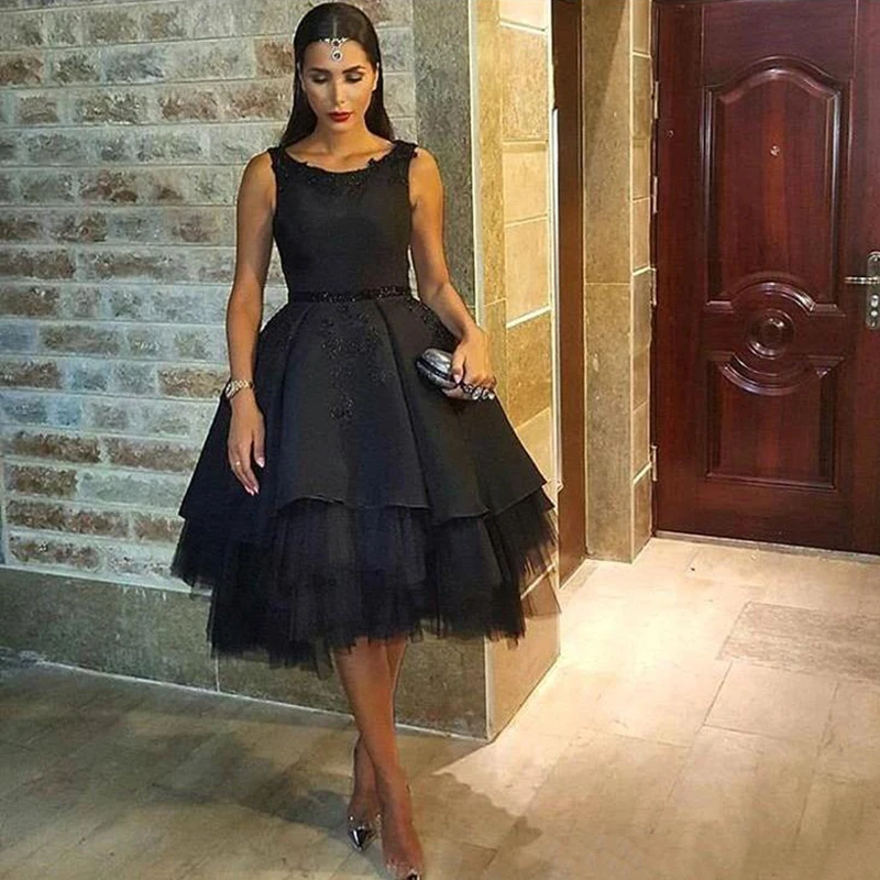 Black Party Dresses Short Sexy Blackless Prom Crew Neck Lace Appliques Formal Dress Tulle Tiered Cocktail | Свадьбы и торжества