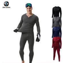 Осенне-зимнее термобелье для катания на лыжах, для велоспорта, v-образный вырез, длинный рукав, для фитнеса, мужской утепленный флисовый комплект XINTOWN