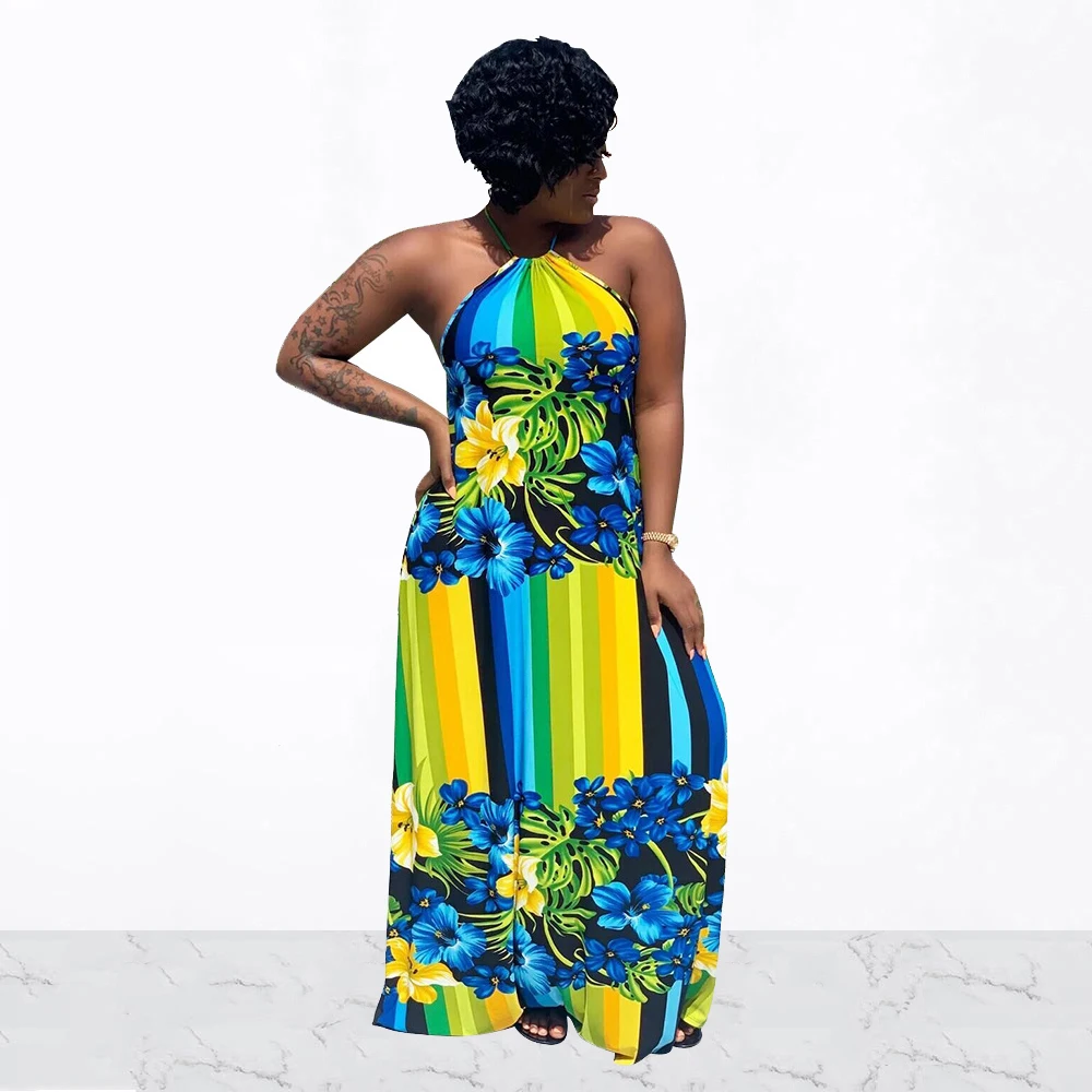 

Women Summer Symmetrical Totem Printed Halter Neck Dress Strapless Loose Maxi Dress Club Party Sexy Night Club Beach Dresses