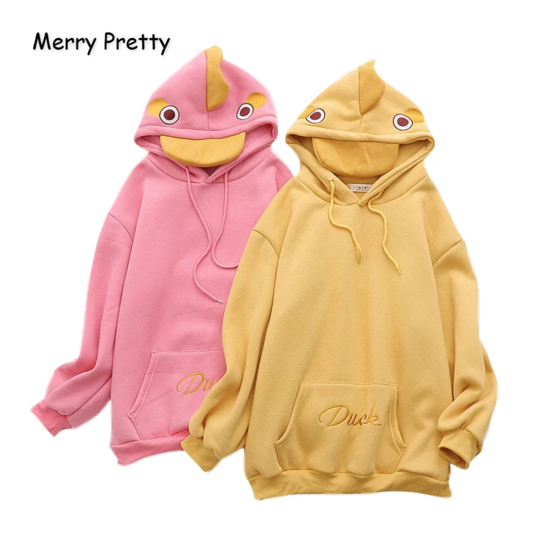 Merry Pretty, женские толстовки с капюшоном с вышитой уткой из мультфильма, толстовки с ушками на капюшоне, Winte Plus, милые бархатные пуловеры с капюшоном