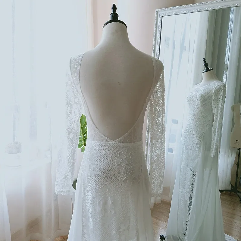 Кружевное свадебное платье с длинными рукавами богемное сексуальное пляжное свадебное платье с разрезом свадебное платье с открытой спиной