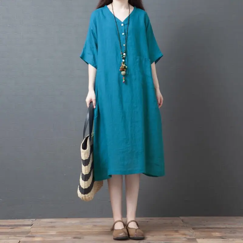

Women's Summer New Style 2019 Korean-style Loose And Plus-sized WOMEN'S Dress Fashion Comfortable Cotton Linen Mid-length Shirt