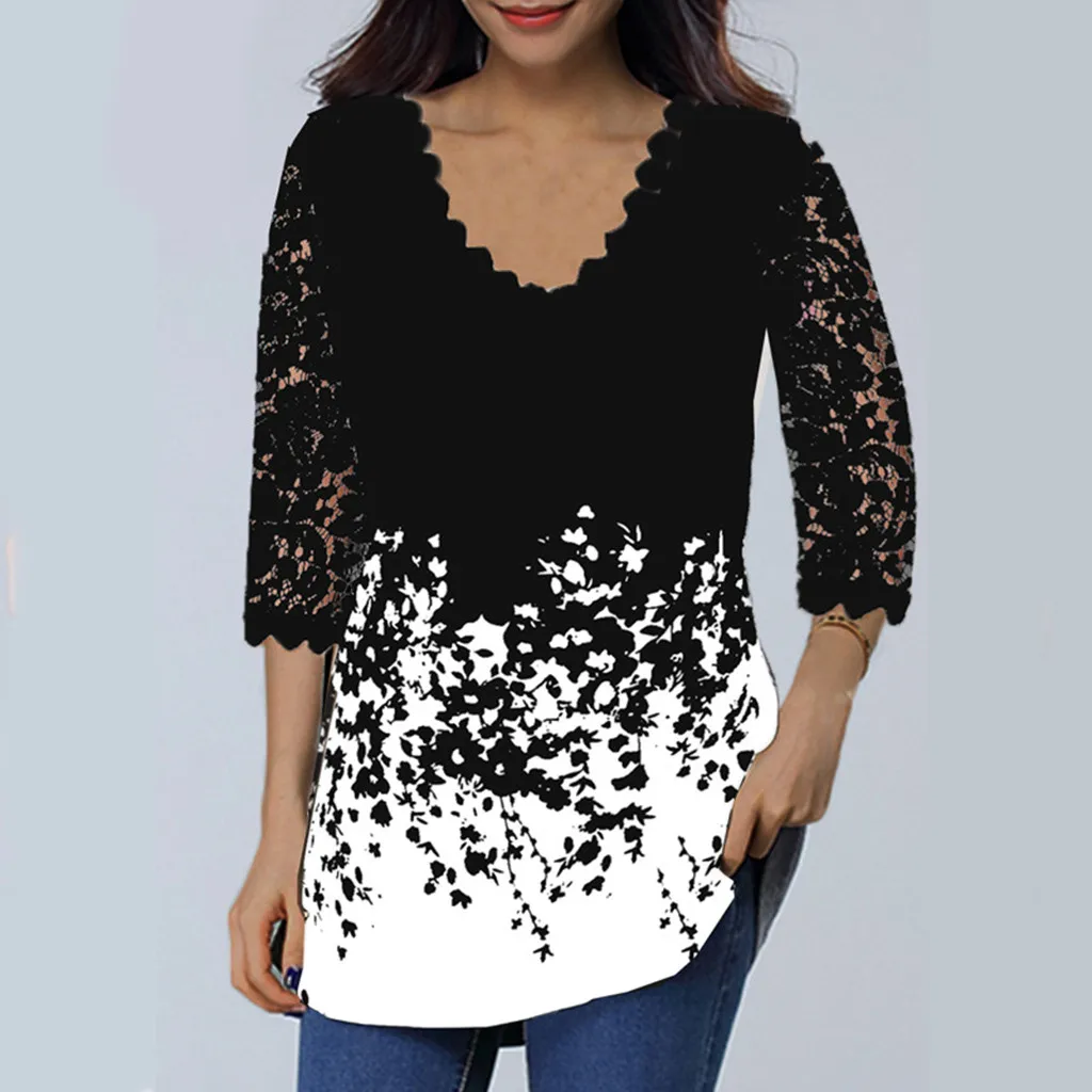 Buena Compra Encaje Tops y blusas para mujer 3/4 con cuello en V y manga camisa verano otoño señoras blusa Floral túnica Tops de talla grande ezYoMZZ0RmR