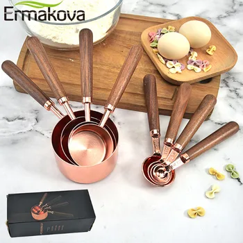 

ERMAKOVA Household Kitchen Dining Bar Baking Tools Walnut Wooden Handle Copper Plating Measuring Cups Spoon Cake Sugar Tools Set