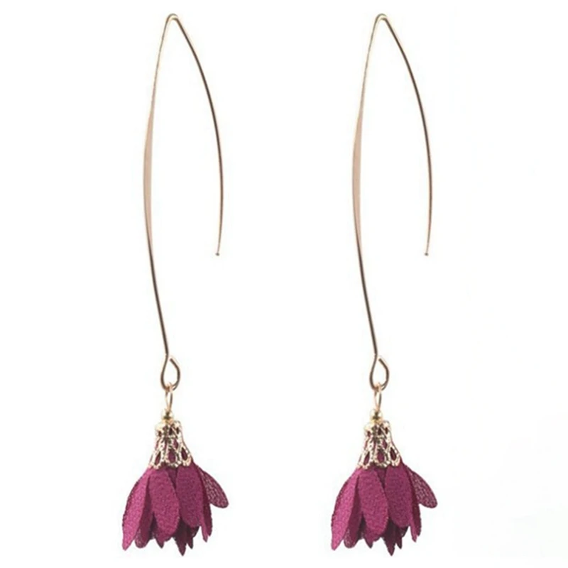 

Cloth Flower Handmade Craft Hanging Long Golden Dangle Drop Earrings For Women Ladies Statement Jewelry Accessories Gift