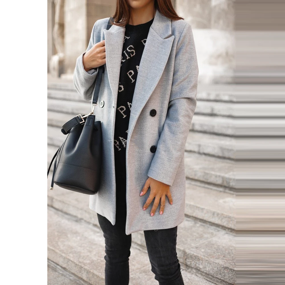 Женское двубортное шерстяное пальто с воротником с лацканами и длинным рукавом на осень и зиму, элегантная тонкая однотонная теплая верхняя одежда, повседневная одежда размера плюс