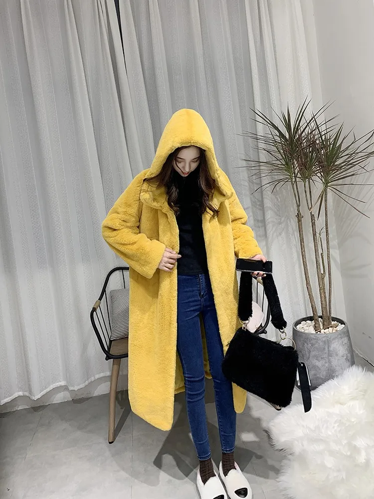 Модное зимнее длинное пальто из искусственного меха женская верхняя одежда с капюшоном Новое Норковое плюшевое толстое теплое поддельное женское меховое пальто Свободное пальто