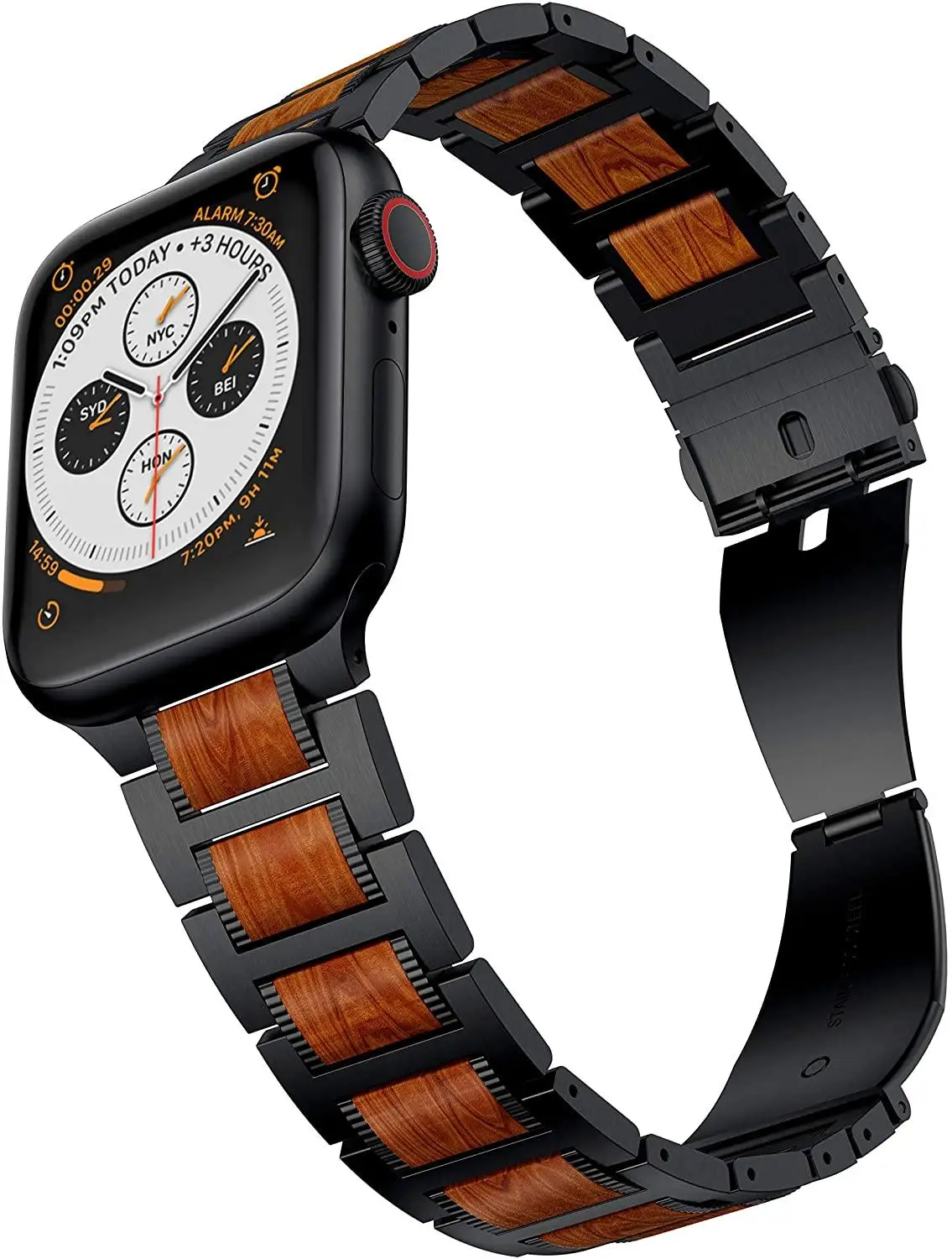 Wooden Sandalwood strap for Apple Watch band 41mm 45mm 44mm 40mm 42mm 38mm iWatch 7 SE/6/5/4/3/2/1 Stainless Steel Link Bracelet